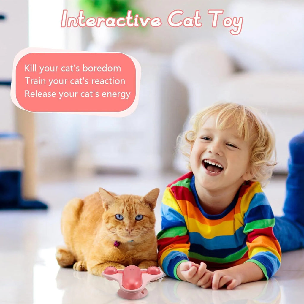Blue interactive pet puzzle toy with bell, catnip compartment, and treat-dispensing snack cabin