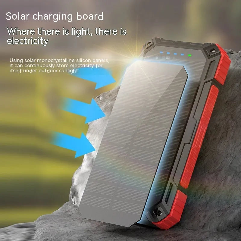 Industrial style 20000mAh solar power bank with LED flashlight black ABS plastic shell
