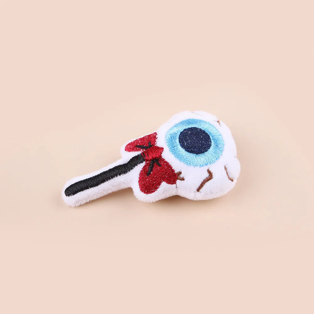 Small plush cat teaser wand toy with dangling elements in candy colour design