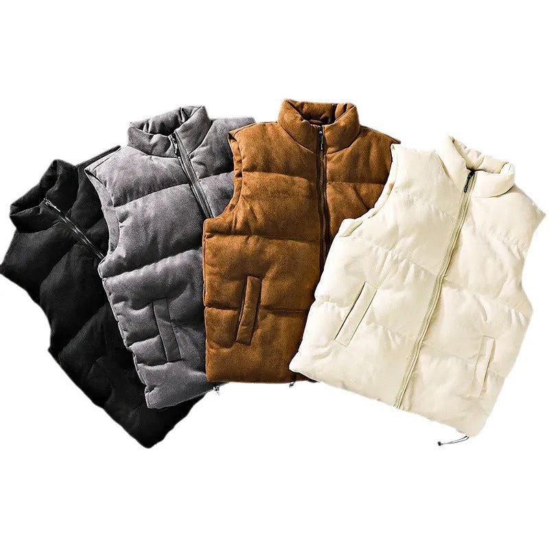 Men's winter stand-up collar padded vest in solid colour with topstitching slit pockets, loose fit cardigan style