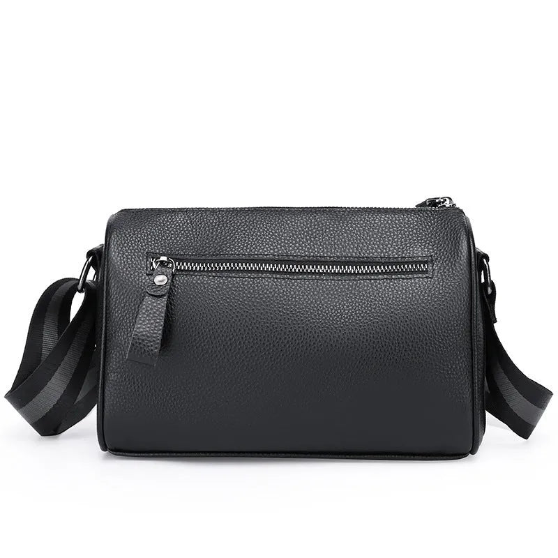 Black genuine leather women's crossbody bag with one-shoulder strap showing 24x16x13cm dimensions