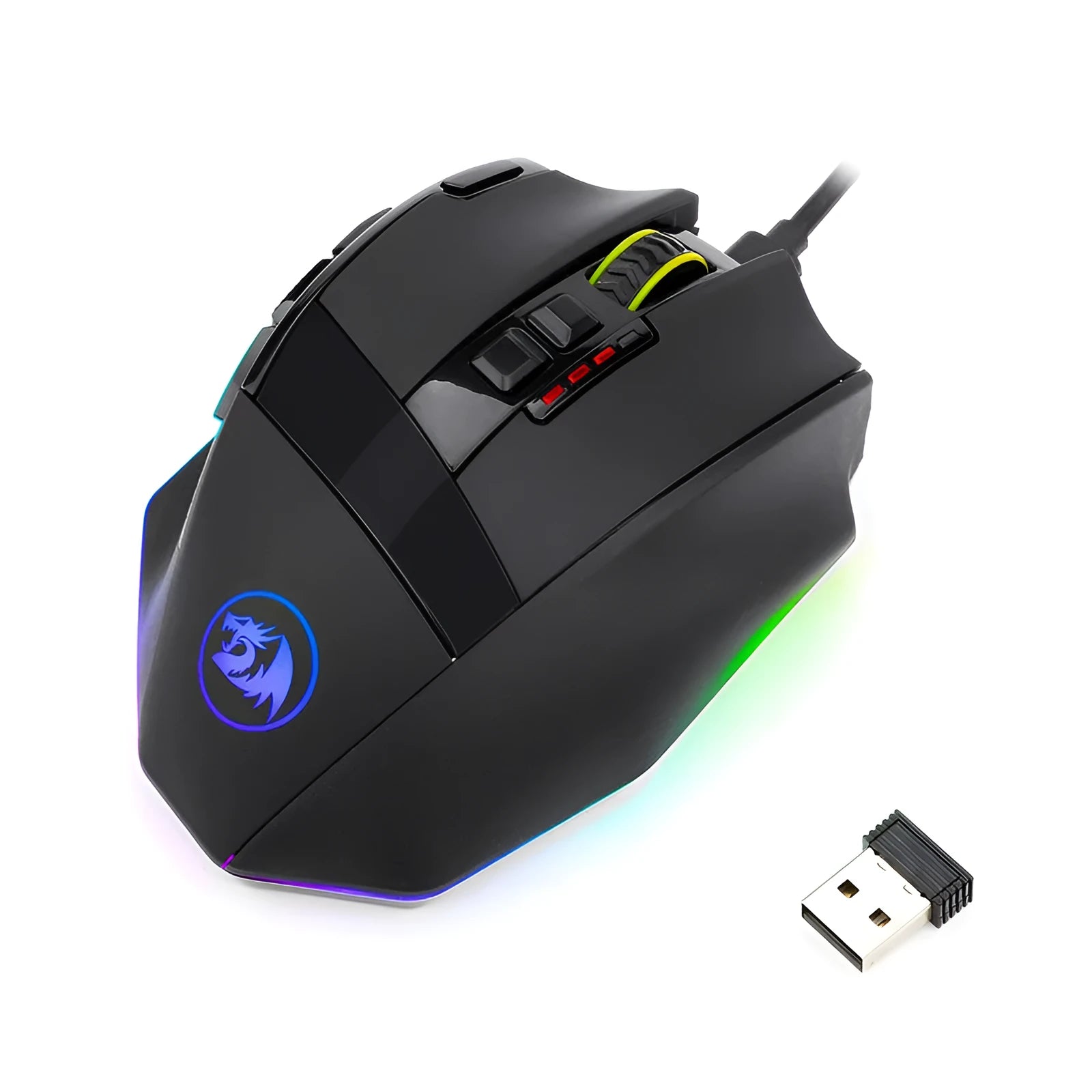 Black Redragon M801P dual-mode wireless and wired gaming mouse with nine buttons on an ergonomic rat-sized body.
