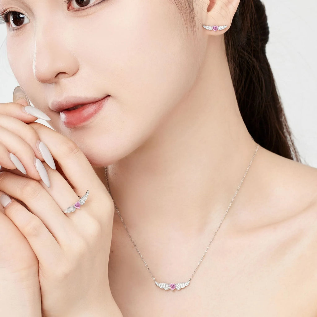 925 silver heart-shaped zircon earrings with wings motif, Japanese Korean light luxury style, O-chain stud design for women