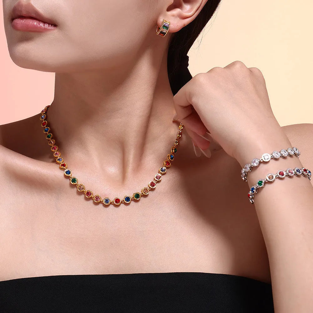 Titanium steel zircon necklace with Bohemian regular chain, golden mixed colour pendant on model
