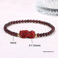 A square geometric bracelet for women made from natural Garnet and Strawberry Quartz with a carved Pixiu charm.