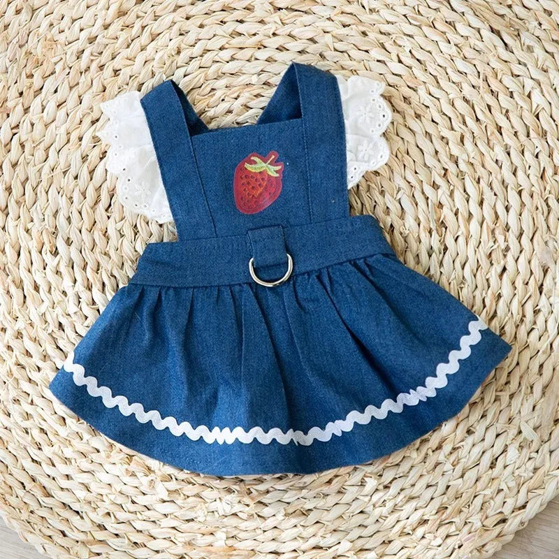 Bondi Blue strawberry and denim pattern dog skirt for small dogs on a mannequin.