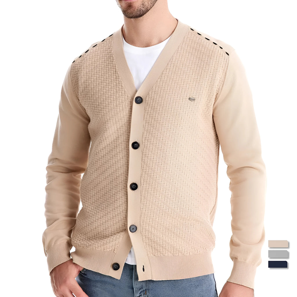 Men's V-neck slim-fit cotton cardigan sweater in gray, front view