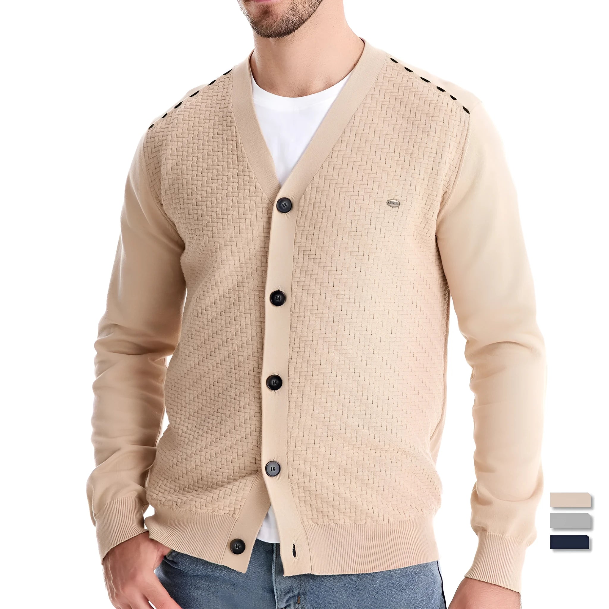 Men's V-neck slim-fit cotton cardigan sweater in gray, front view