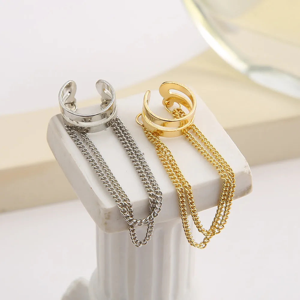 Fashion double metal chain tassel earrings for women in gold colour with U-shaped copper design