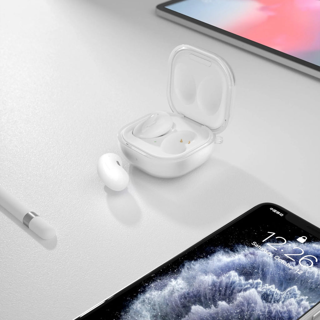 Translucent Bluetooth ear case clamshell housing in gold, purple, black and transparent colours