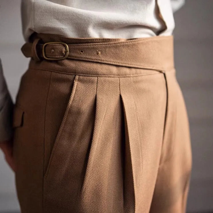 Men's high waist straight leg casual trousers in polyester fabric available in four colours