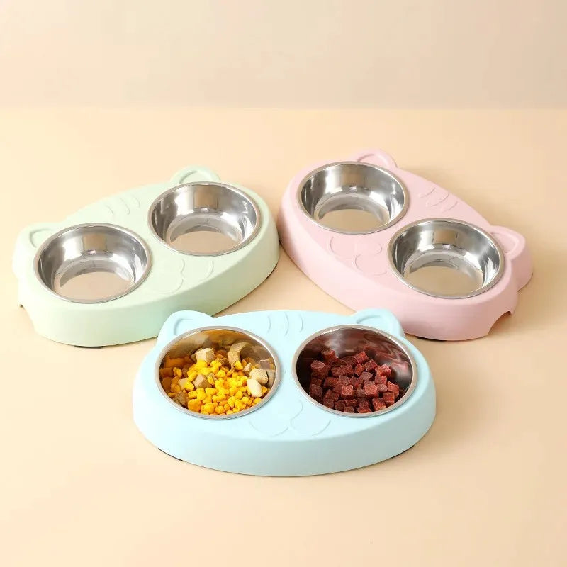 Blue macaron pet feeding tray with two compartments for food and water on non-slip base
