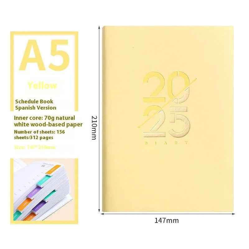 2025 A5 daily planner with soft faux leather cover in multiple colour options showing open pages
