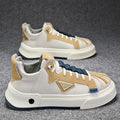 Men's beige casual sneakers with elastic band closure and leather stitching detail