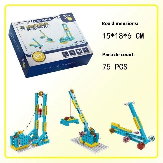 3-in-1 mechanical gear building block set showing multiple model options in colour box packaging