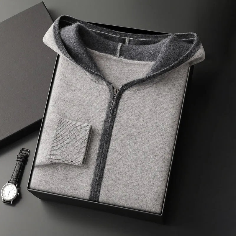 Casual zip-up hooded cashmere cardigan sweater in loose fit, available in white for youth