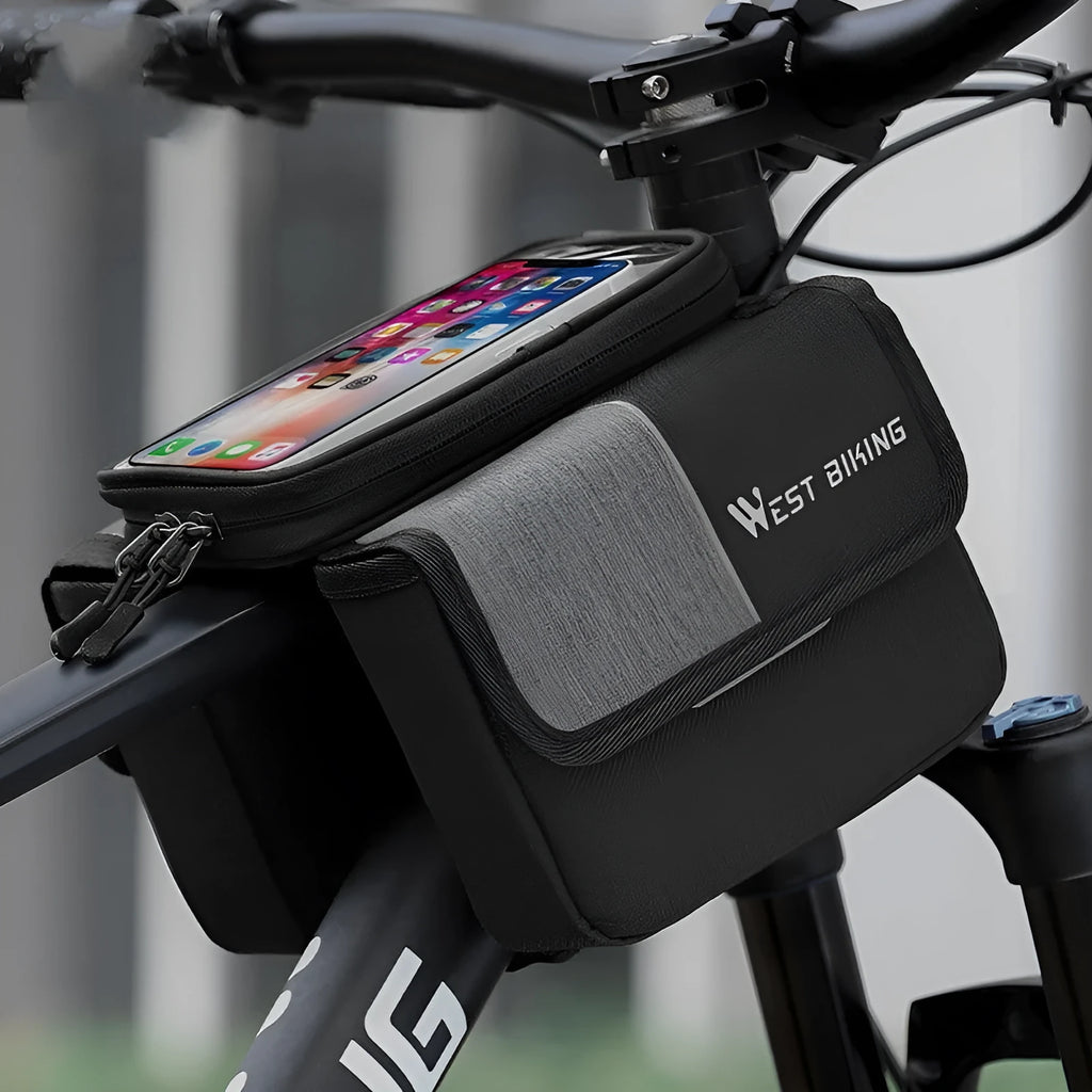 Black and grey Oxford cloth saddle bag with bilateral tube access and touch-screen compatibility