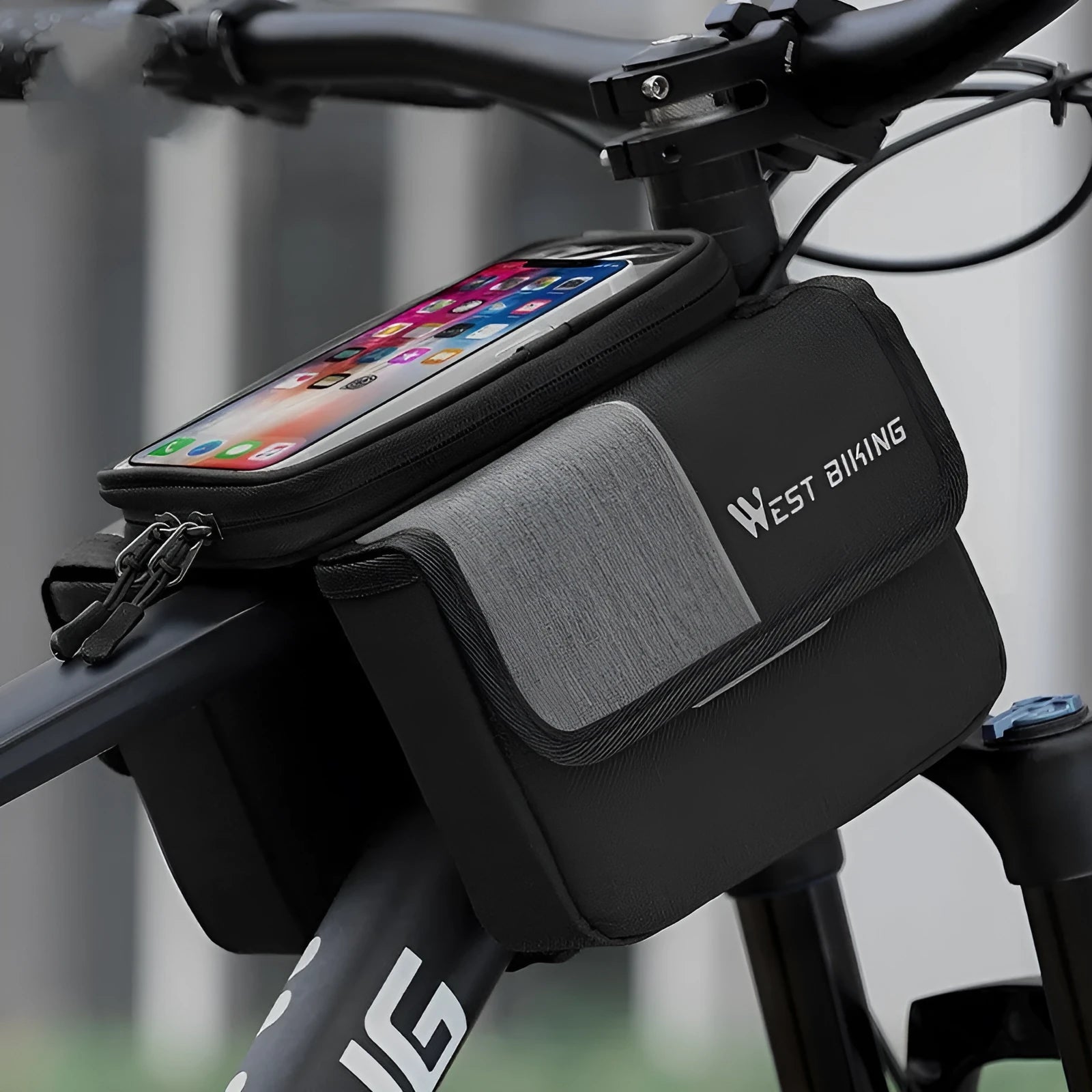 Black and grey Oxford cloth saddle bag with bilateral tube access and touch-screen compatibility