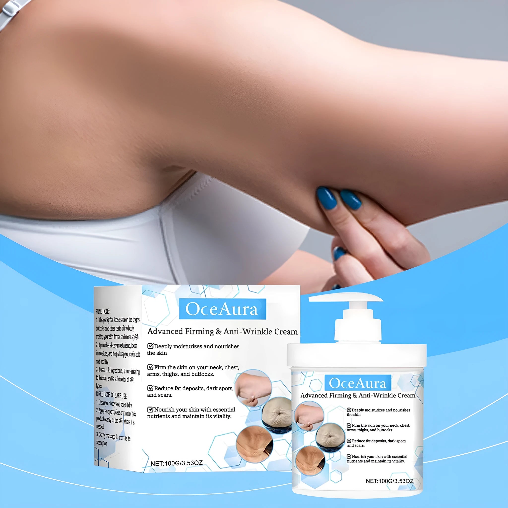 100g container of body moisturiser cream with glycerin and hyaluronic acid formula
