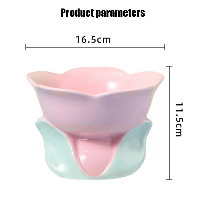 Ceramic raised pet bowl with floral pattern and non-slip base for cats and small dogs