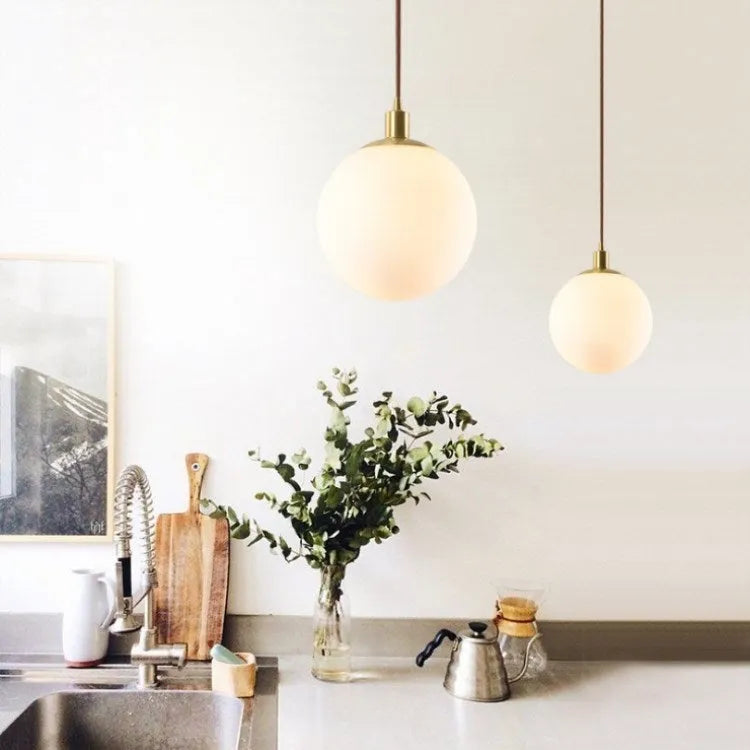 Milk white Nordic round glass chandelier for bedroom bedside, 15-30cm diameter, copper frame