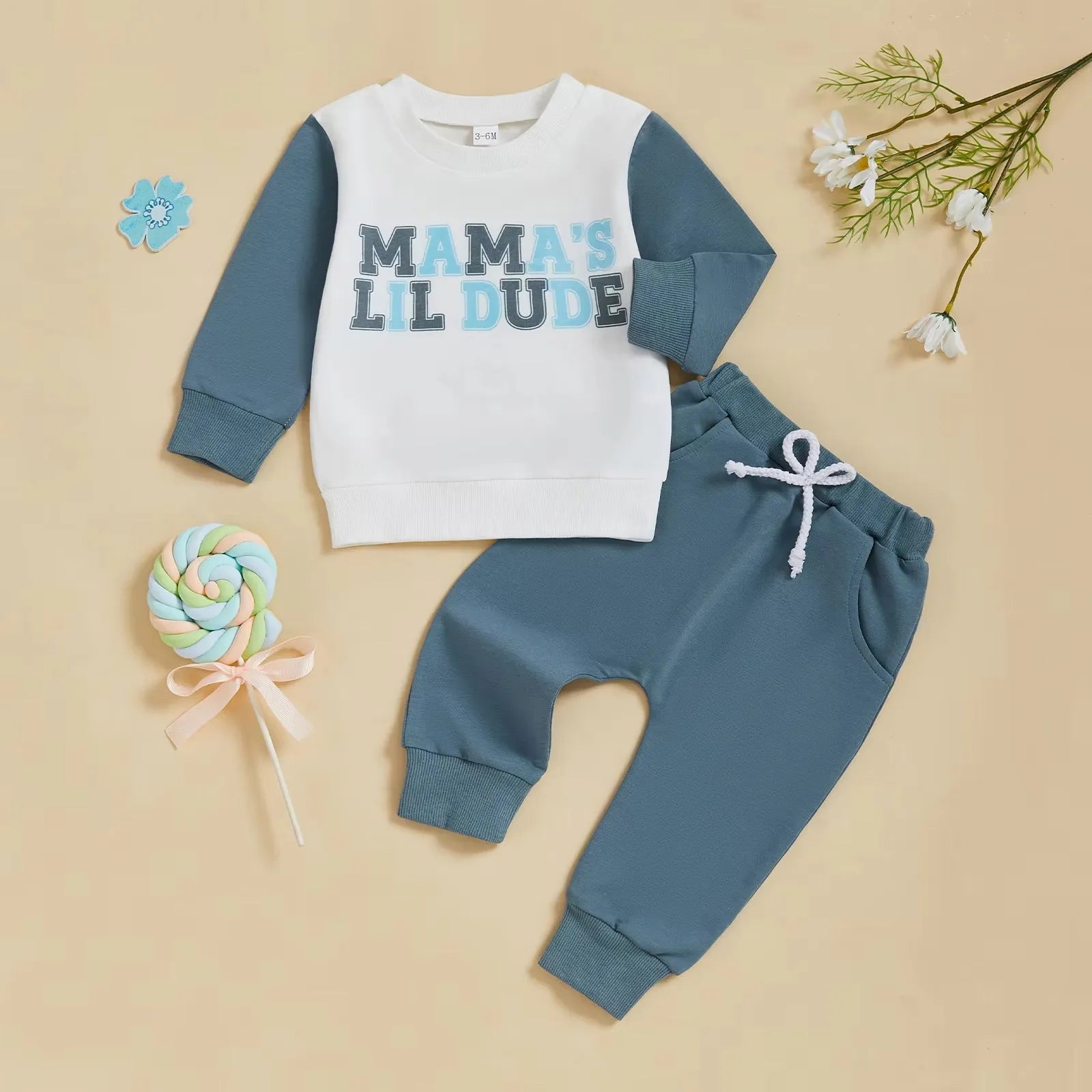 Boys' cotton printed sweater suit in sky blue, two-piece set with trousers