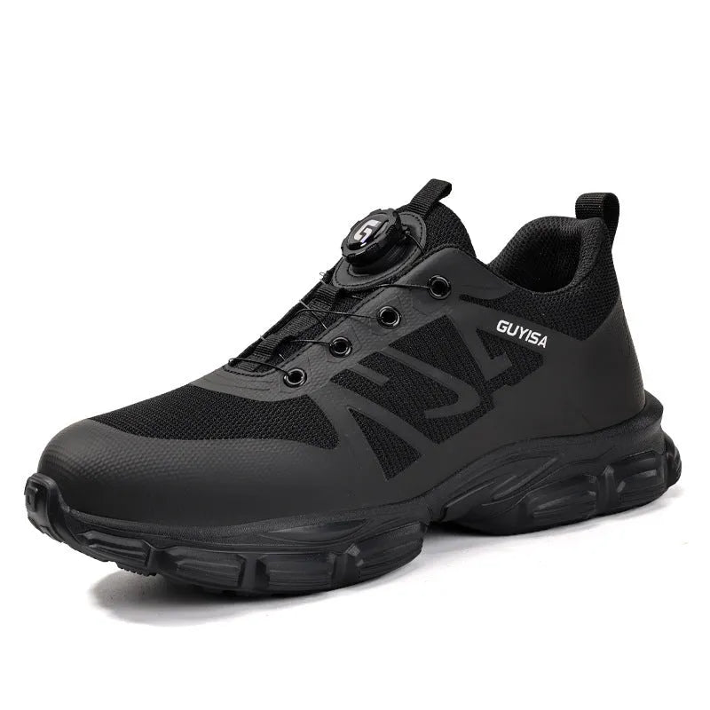 Black lightweight safety shoes with steel toe cap and Kevlar anti-puncture protection