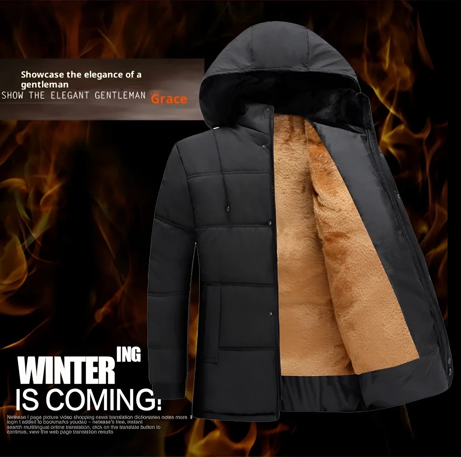 Men's winter coat jacket with detachable hat in white, yellow, and gray, loose fit polyester outerwear.
