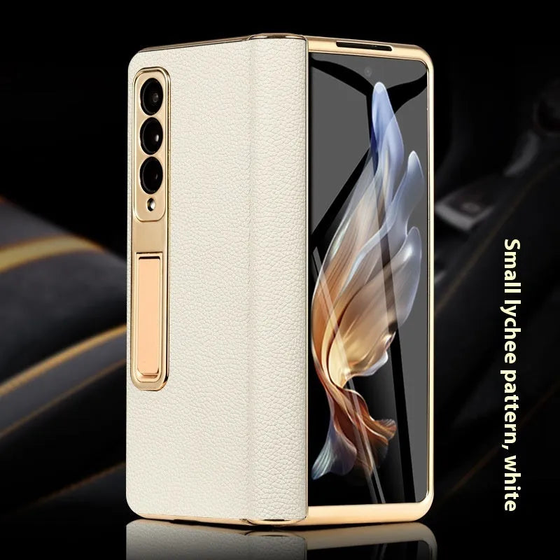 Genuine leather phone case for Samsung Galaxy Z Fold series in crocodile pattern black with built-in bracket