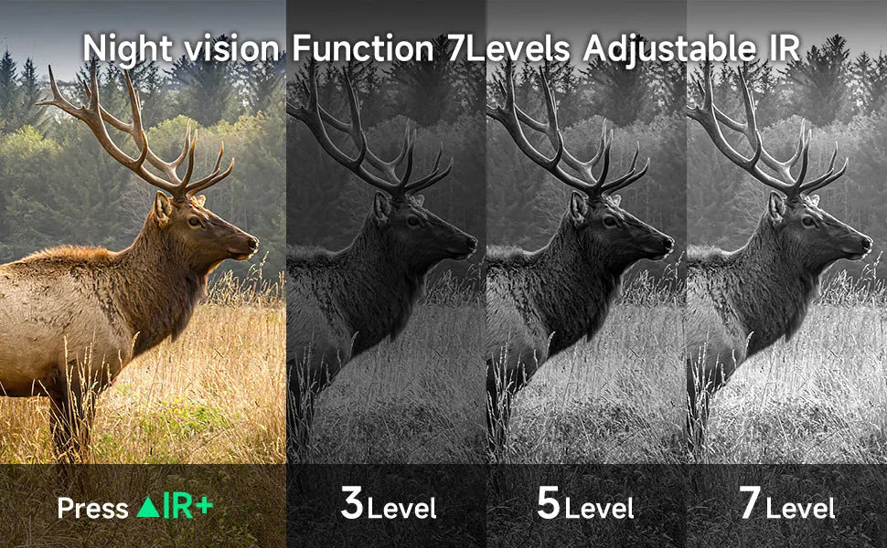 Black night vision instrument with 4K 36MP resolution and 3-inch display showing night vision footage