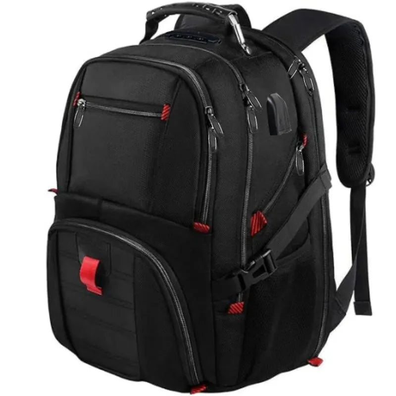 Large black USB charging backpack with curved shoulder straps and waterproof Oxford cloth material