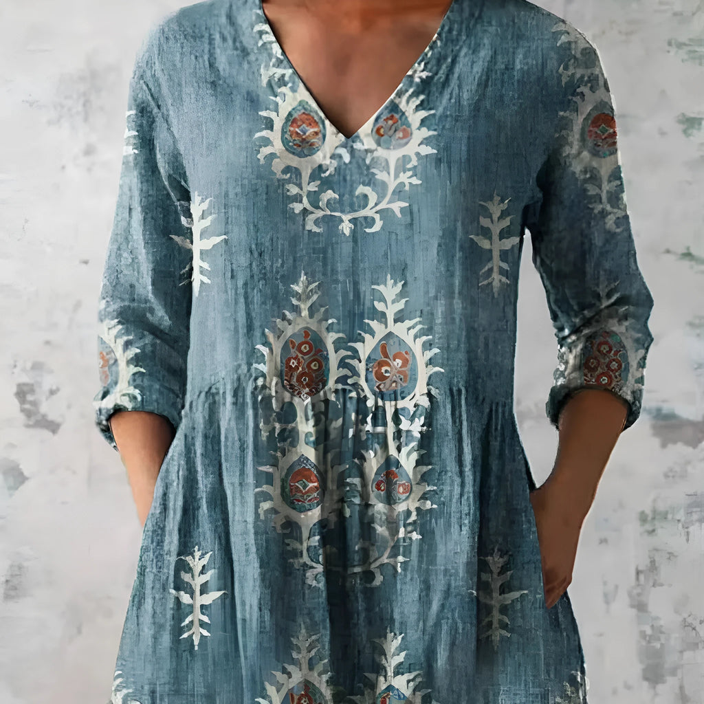 Women's loose-fitting dress with a blue wave print pattern, wide waist, and three-quarter length sleeves.