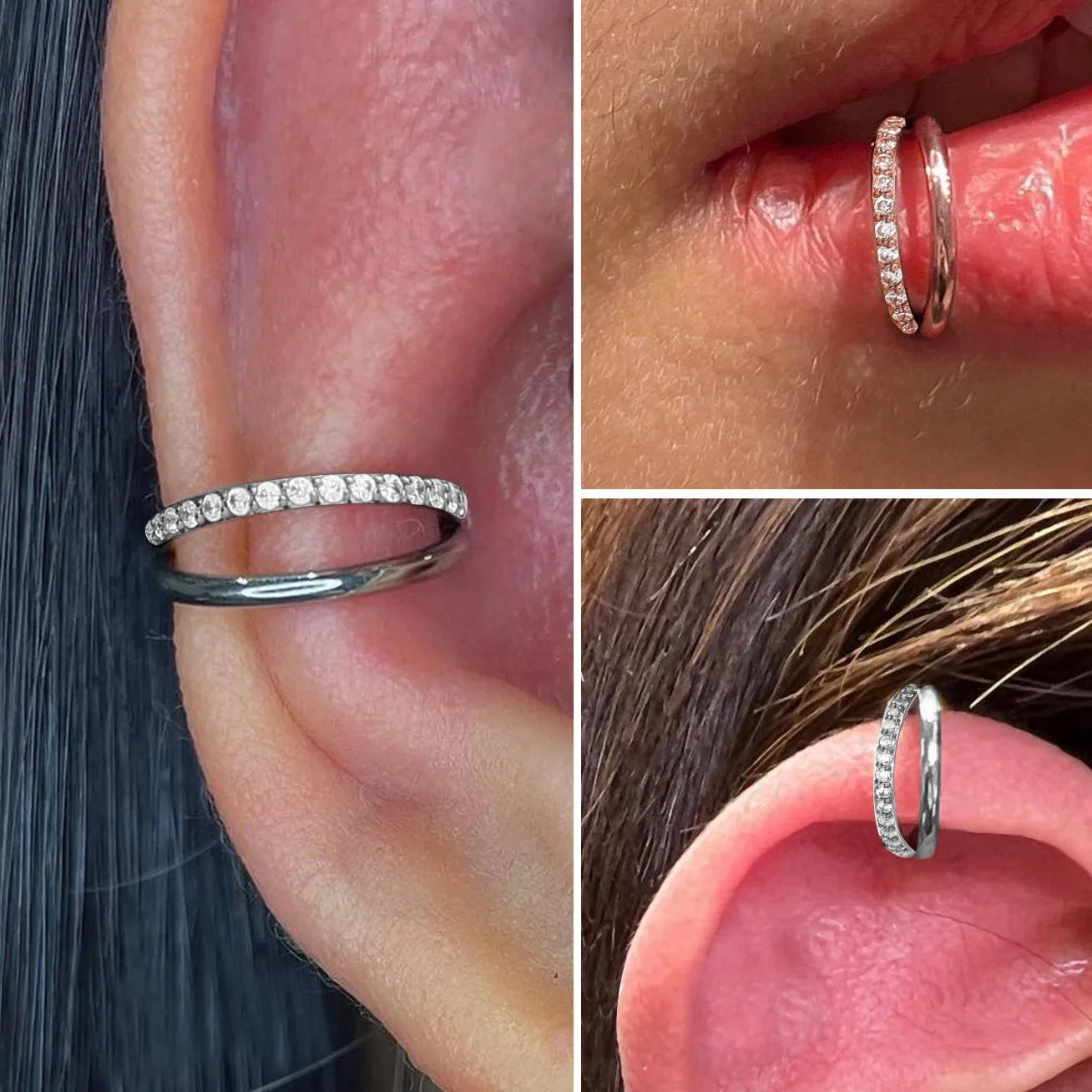 Titanium alloy fork nose ring in silver with diamond accent and plain black finish options