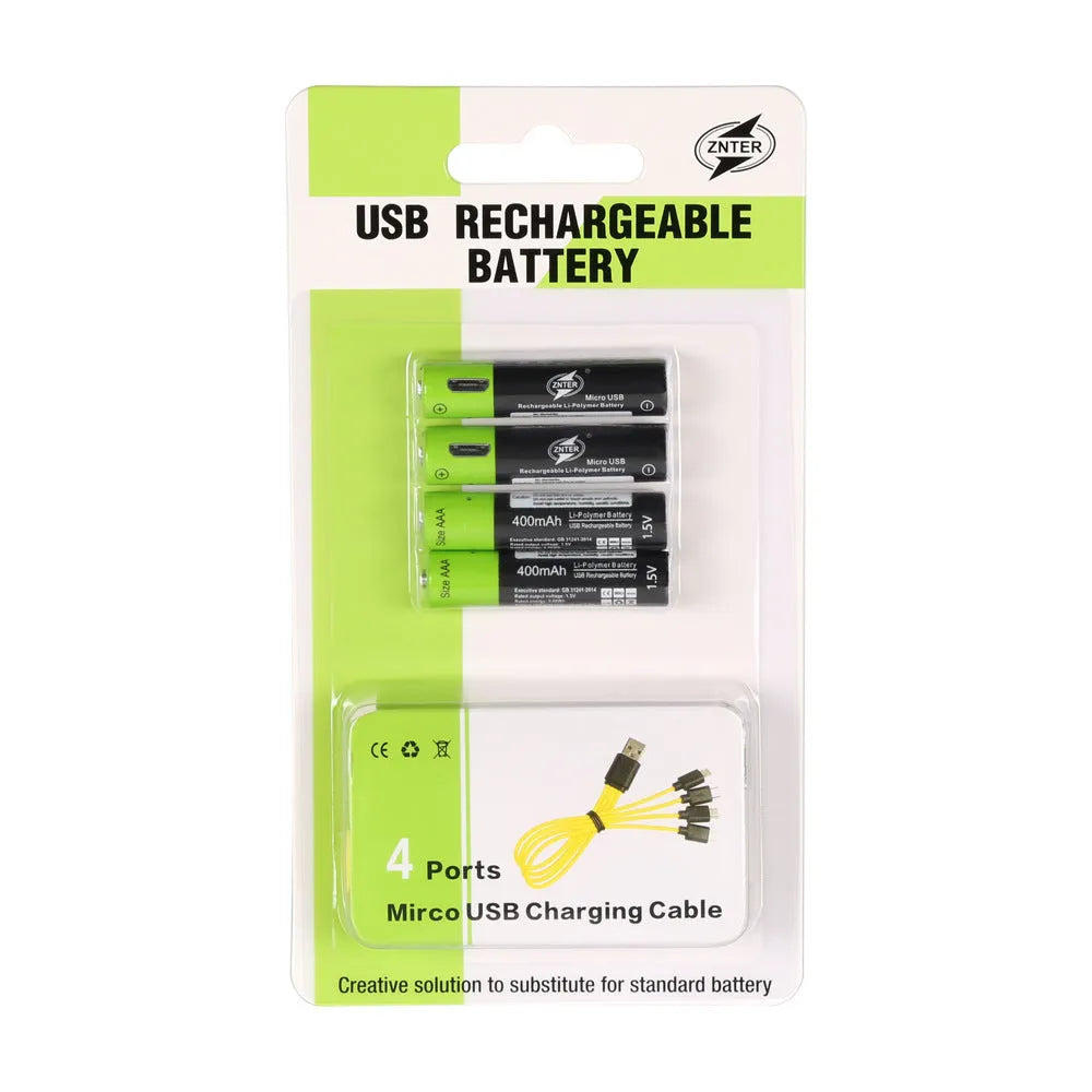 Four green USB rechargeable lithium AA batteries with a black charging cable on a white background