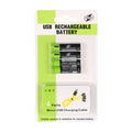Four green USB rechargeable lithium AA batteries with a black charging cable on a white background