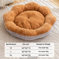 Soft plush round cat bed with a removable cover in a brown grey colour, shown on a floor.