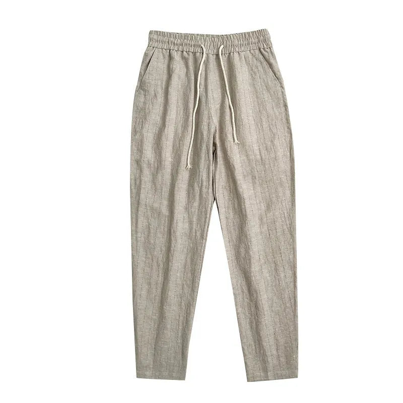 Men's lightweight cropped linen-cotton trousers in a striped pattern, shown in khaki colour.