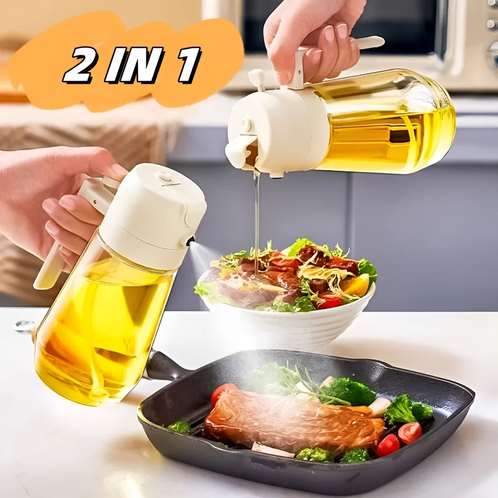 Glass oil sprayer and pour dispenser bottle in beige, yellow, green, or black with ergonomic handle.