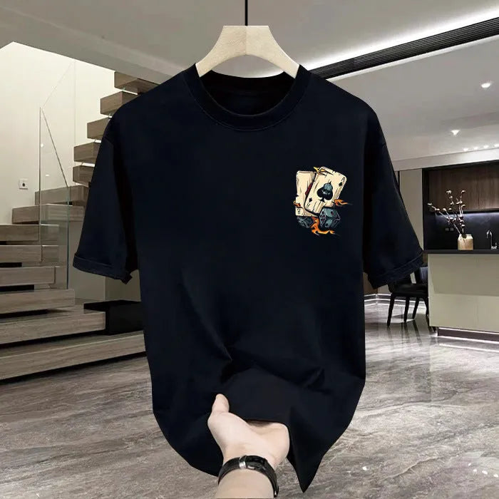 Men's black and white heavy cotton short-sleeved T-shirt with printed design, shown in sizes from S to 5XL.