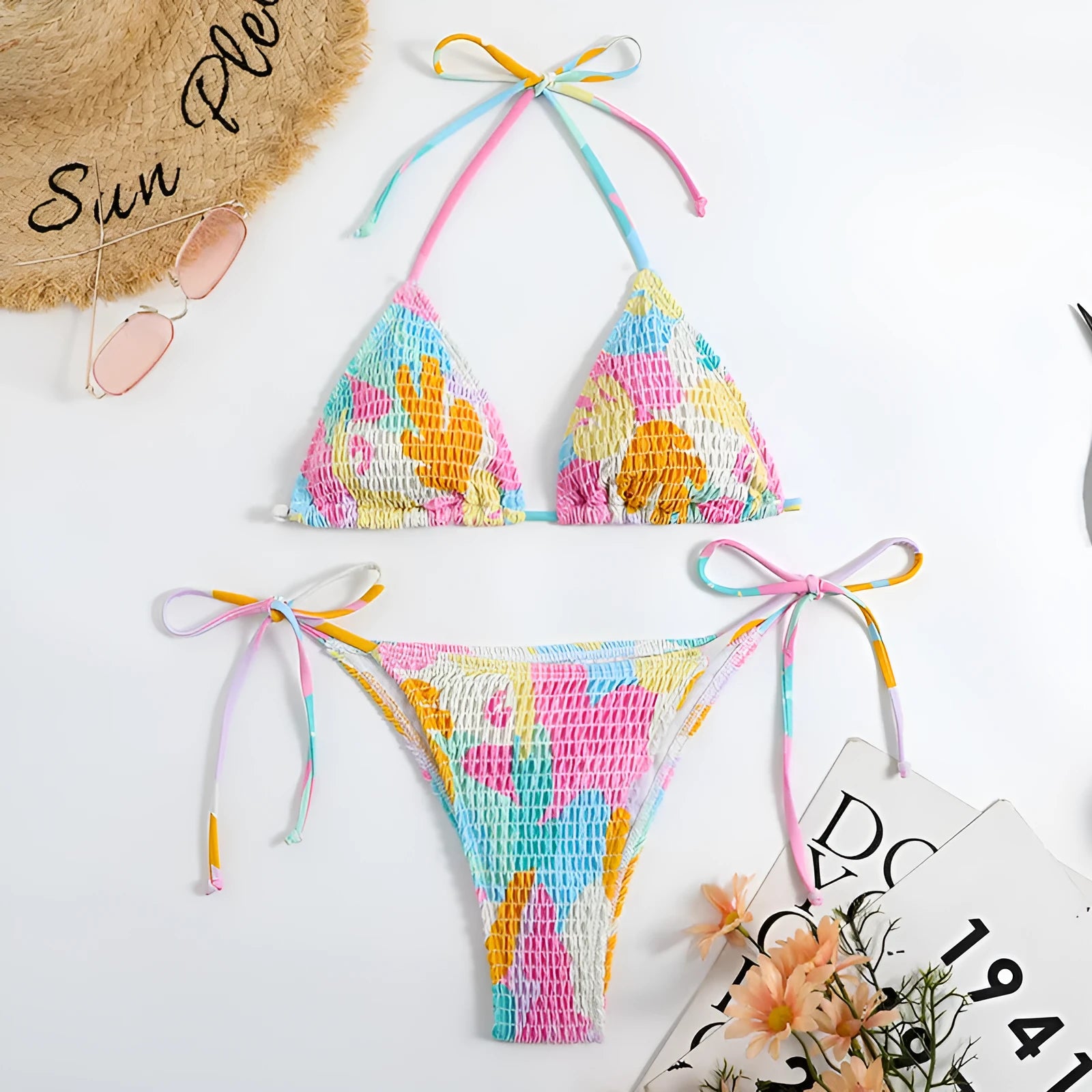 Women's triangle bikini set with smocked bandeau front in multicolour gradient floral print