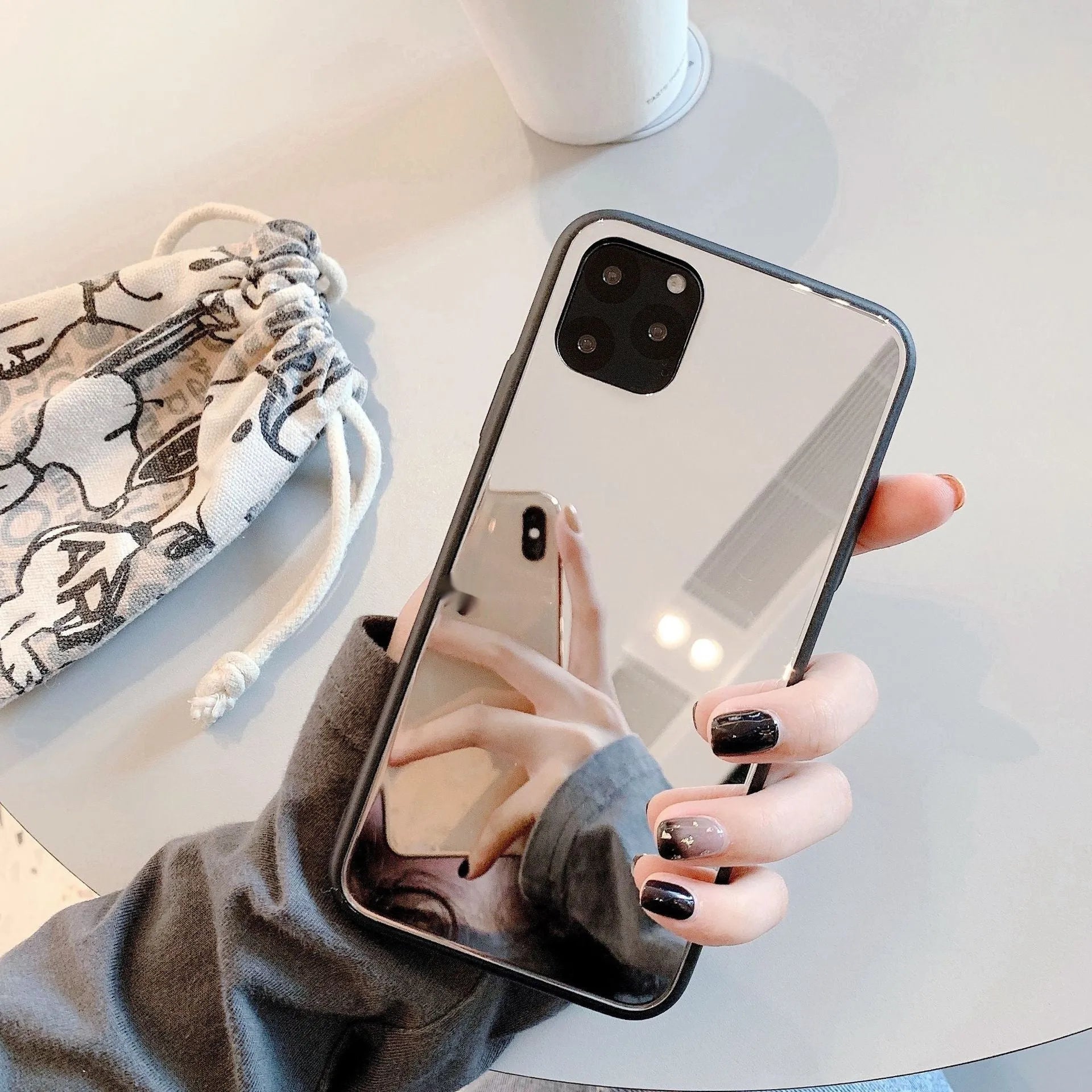 Glass mirror phone case for iPhone 14 Pro Max with reflective cosmetic mirror back cover and retro style design