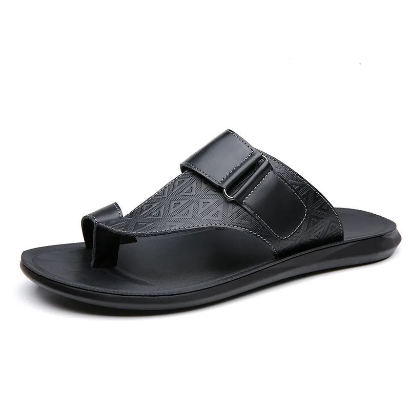 Men's light brown cowhide leather open-toe beach slippers with a rubber sole.