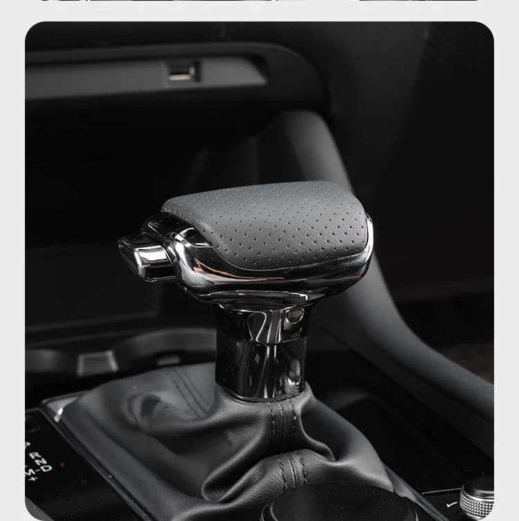 Genuine leather car gear shift knob in black and silver decoration
