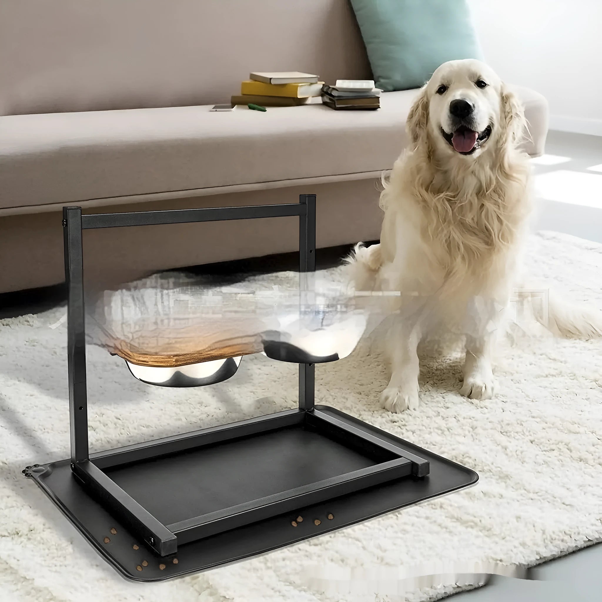 Black iron dog bowl stand with adjustable slots for large breed feeding.