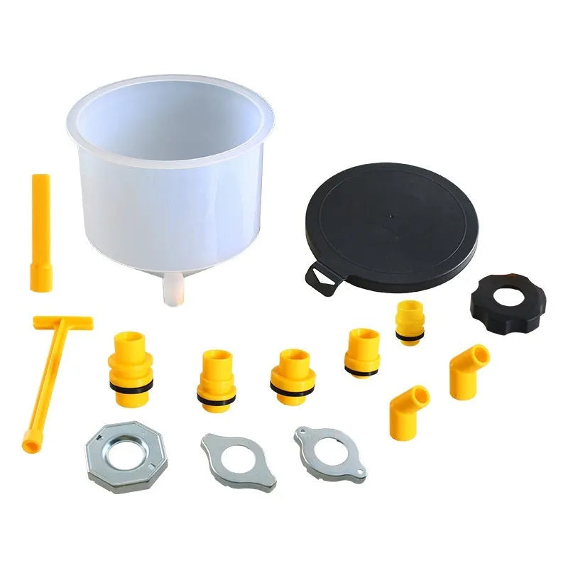 15-piece plastic funnel set in assorted colours for coolant and antifreeze automotive repair