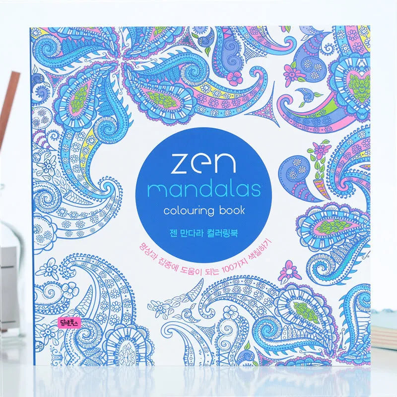21 cm square mandala colouring book showing soft cover and open page with detailed pattern