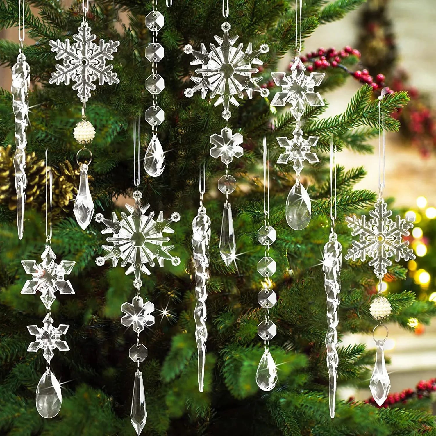 Ten transparent acrylic ice cone Christmas ornaments with hanging ribbon