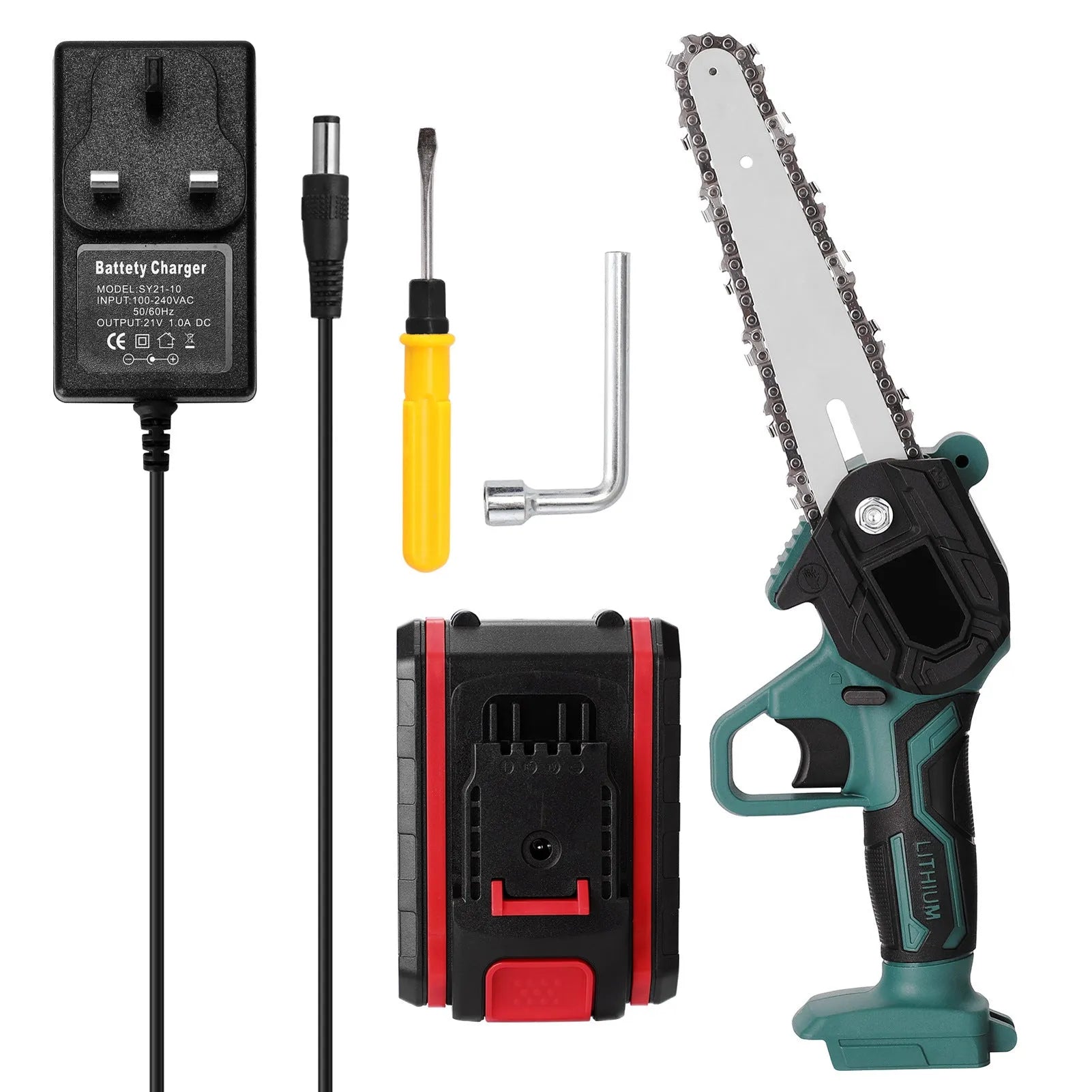 Black mini electric chainsaw with 4-inch guide plate showing compact one-handed design for portable wood cutting