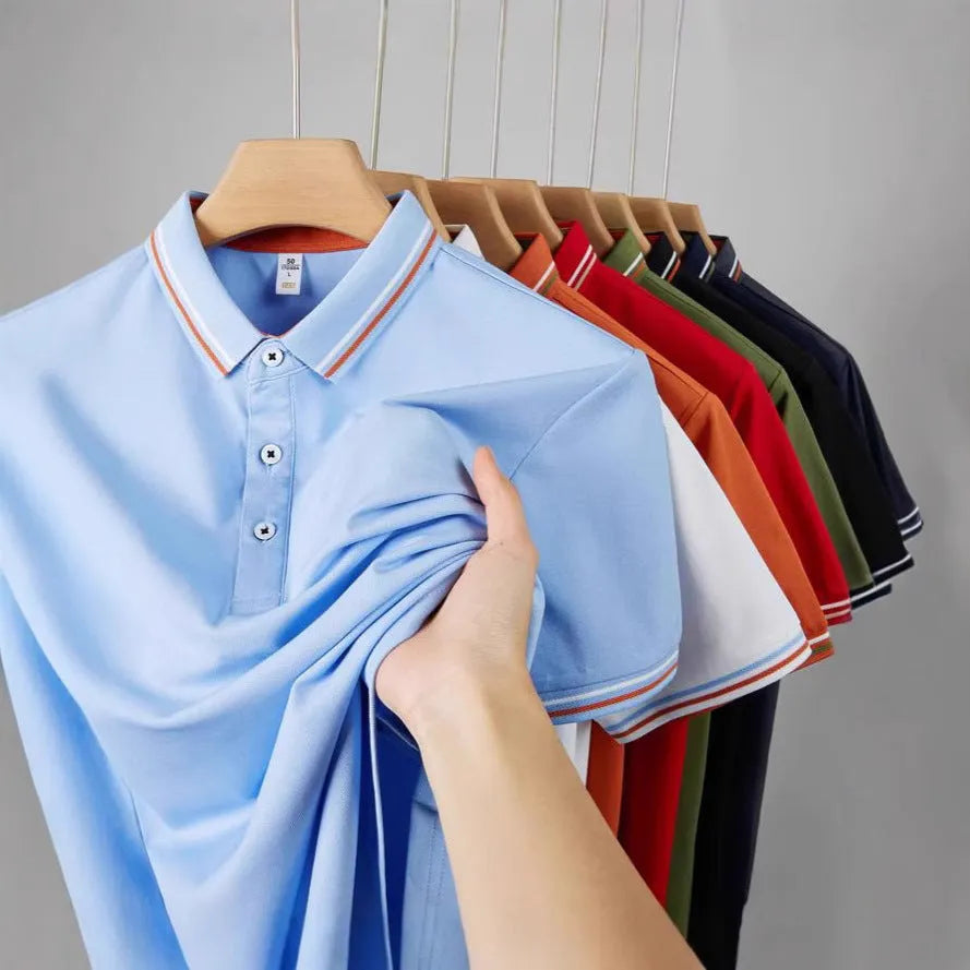 Slim fit cotton blend polo work shirt with collar and short sleeves on a hanger