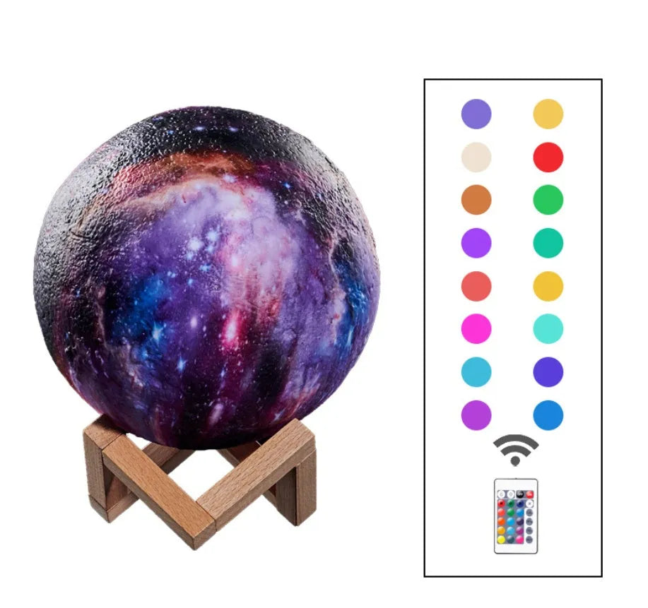 3D-printed white lunar sphere night light with crater texture on a dark surface.